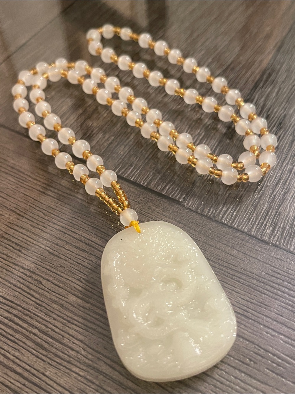 Faux Jade - Glass Beaded Dragon Necklace 24 1/2” approx